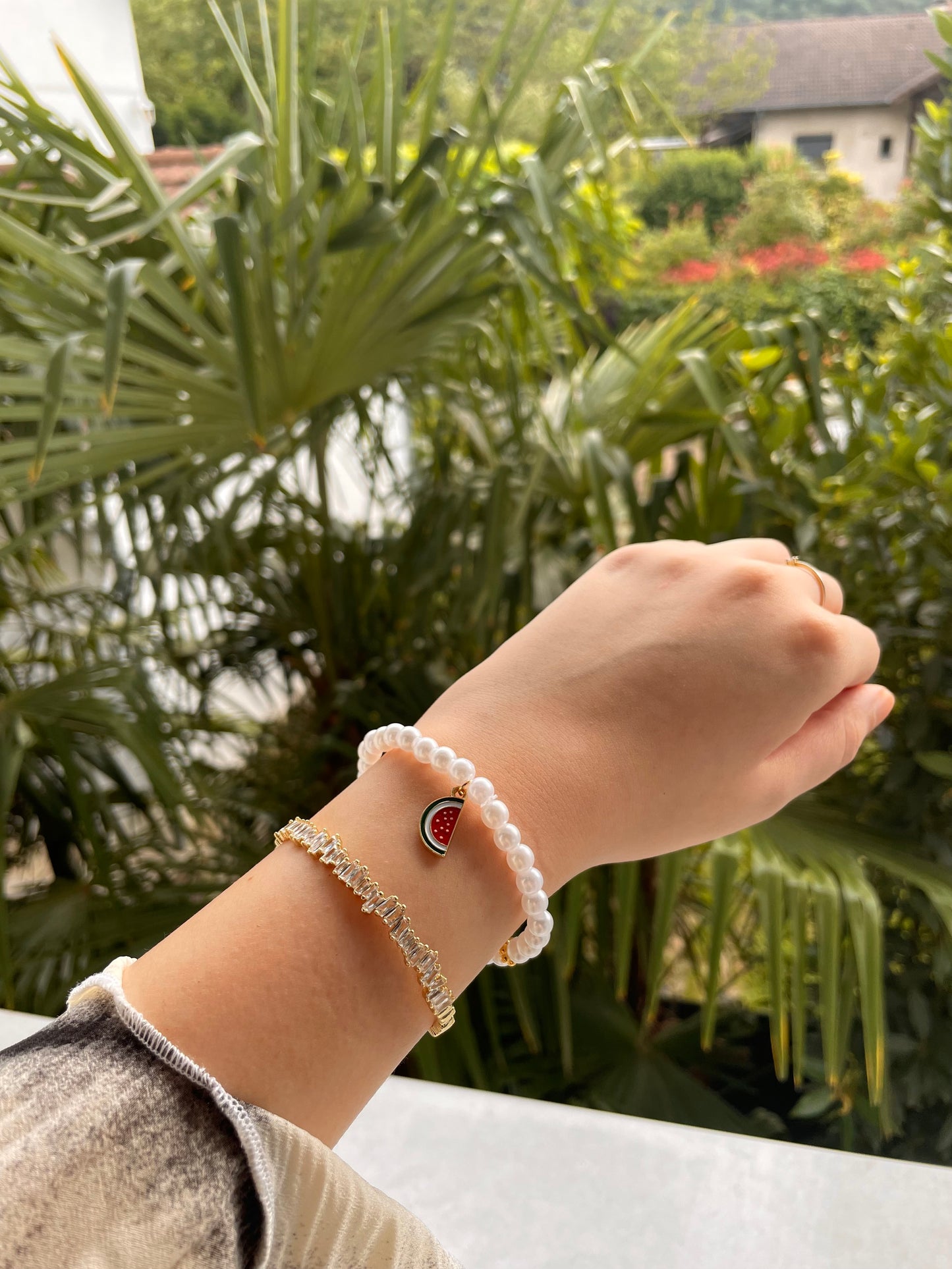 Bracelet Tasbih 33 perles Blanc nacrée + Charms Pastèque